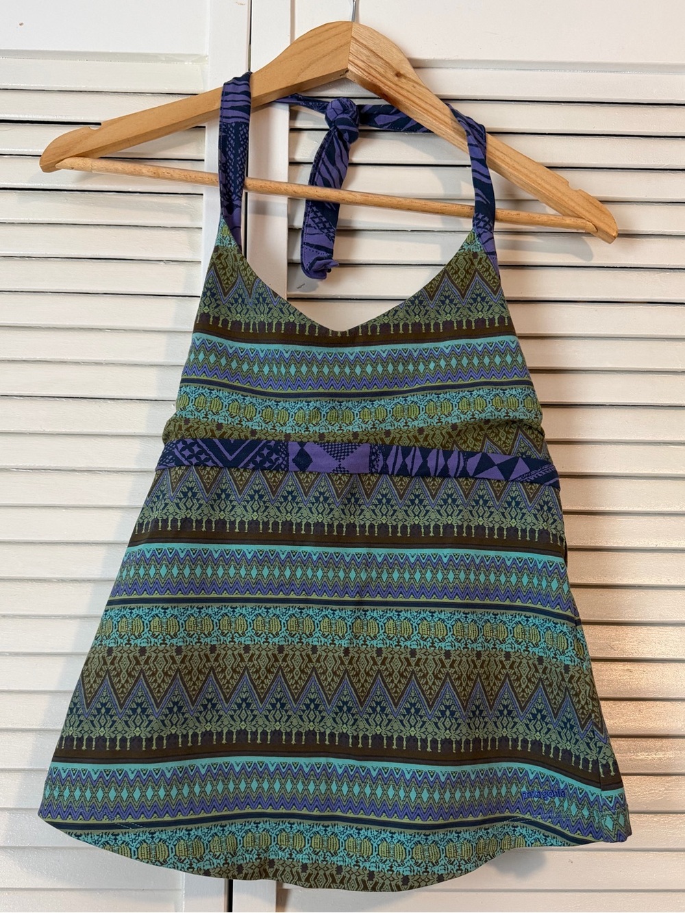 Patagonia Halter Tank Top in Blue, Teal & Olive Tribal Print